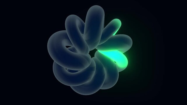 A glowing cyan-green abstract toroidal knot structure illuminating in the darkness