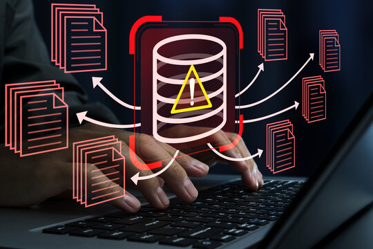 Data leak and information breach. Unauthorized access leading to disclosure of personal and confidential information. Hacker exploit security vulnerabilities using laptop computer.