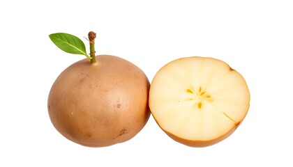 Fototapeta premium “Whole and halved sapodilla fruits on white background, one with green leaf on stem, sliced fruit reveals light brown translucent flesh and star-shaped seed arrangement, realistic texture and lighting