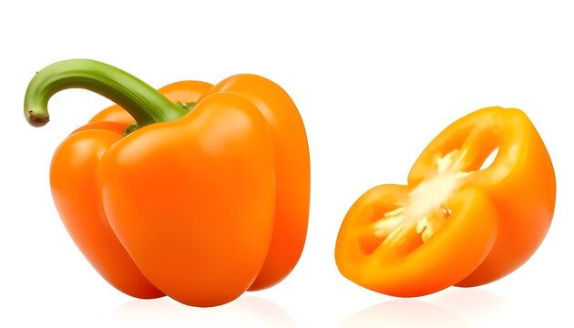 &ldquo;Whole and halved orange bell peppers on white background, one with green stem intact, sliced pepper reveals inner seeds and chamber structure, smooth glossy skin, realistic texture and lighting, culi