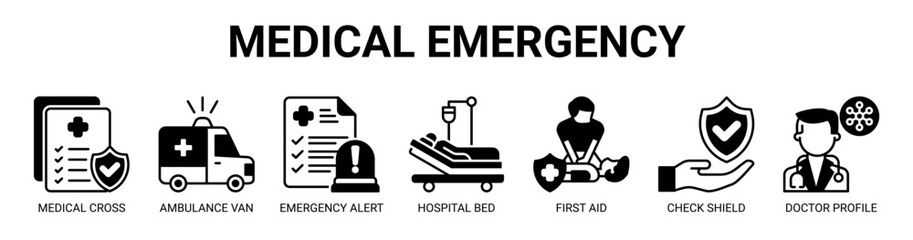 Medical Emergency web banner icon vector illustration concept with icon of medical cross, ambulance van, emergency alert, hospital bed, first aid, check shield, and doctor profile. © santerabos