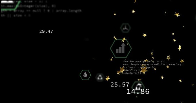Opening dark canvas drifting icons fading code updating metrics centering glowing CO? icon
