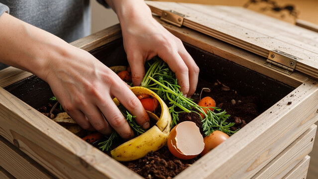 Womans hands placing organic waste into a wooden compost bin. Sustainable gardening and eco-friendly lifestyle concept for home composting.