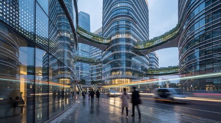 Fototapeta premium People walk in the urban area of modern buildings during evening time with reflections and moving cars