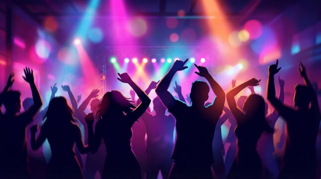 Dance party takes place in a lively club with colorful lights and energetic crowd enjoying the music on a Friday night