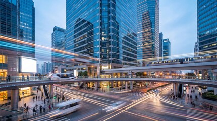 Obraz premium City skyline with tall buildings and traffic in the evening