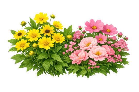 Blooming yellow coreopsis and pink cosmos flowers with lush green leaves creating a colorful garden cluster. Transparent background