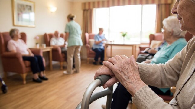 Seniors engaged in activities at a care home during afternoon hours with staff attending to their needs