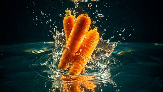 Carrots Splashing into Water on Black Background, Fresh Vegetable Concept
