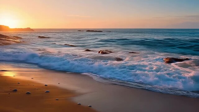 Serene ocean waves crashing against rocks at sunset with warm golden hour light illuminating the water and sky creating a tranquil and beautiful coastal landscape perfect for relaxation and nature