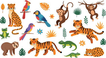Obraz premium Cute Jungle Animals Vector Set With Tiger Monkey Leopard Birds Frog Crocodile And Tropical Leaves