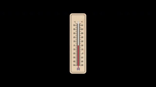 Animation of a wooden outdoor thermometer displaying temperature rise in Celsius and Fahrenheit. The video is in 4K format with an alpha channel.