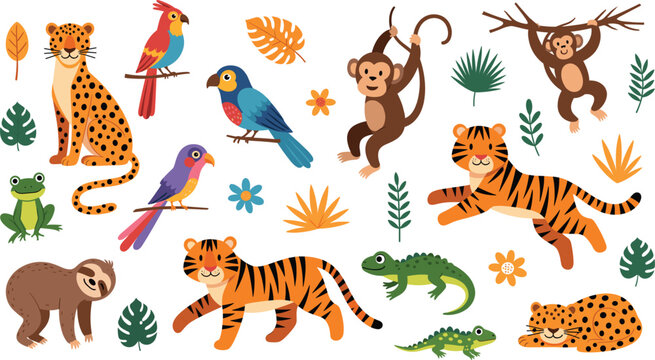 Cute Jungle Animals Vector Set With Tiger Monkey Leopard Birds Frog Crocodile And Tropical Leaves