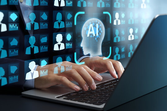 AI recruiting and automated screening. CV parsing and talent analytics platform. HR manager using candidate assessment and sourcing tool on laptop PC.