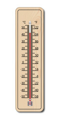 A wooden thermometer showing +44 degrees Celsius. A thermometer for measuring indoor and outdoor temperatures on a transparent background. Vector illustration