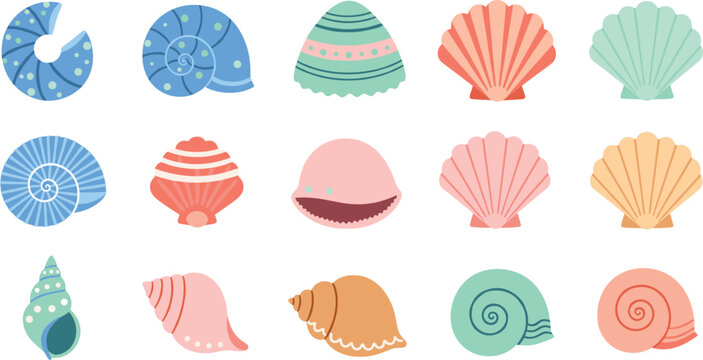 Cute Sea Shell Illustration Set with Nautical Conch, Scallop, Spiral Shells, and Ocean Inspired Decorative Elements for Summer, Beach, and Marine Design