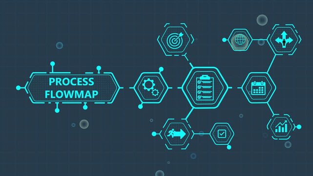 Process Flowmap Infographic Template with Business and Technology on Dark Blue Background business process
