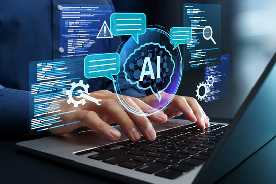 Vibe coding tool. AI assisted software development and automated error or bug detection. Programmer using AI to generate code for creating applications on laptop.