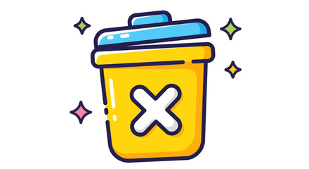 Vibrant yellow trash can icon with blue lid and 'x' for delete or remove action