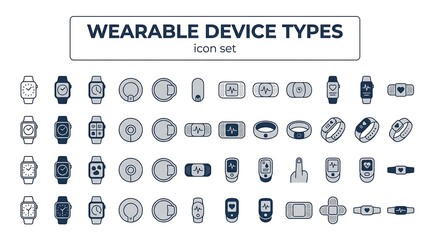 Wearable Device Types Smartwatch Biosensor Fitness Tracker CGM ECG Health Monitor Medical IoT Technology Vector Icon Set - Health Wearables