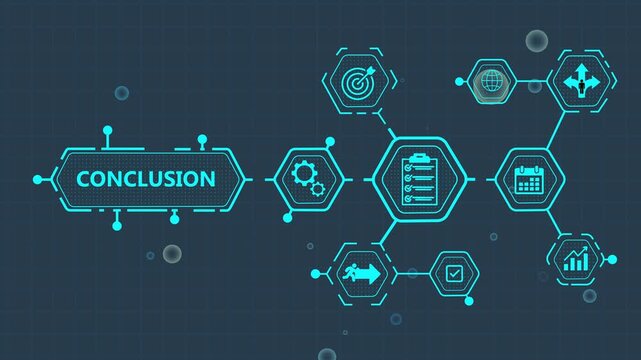 Conclusion Business Process Flowchart with Infographic and Hexagonal on Dark Blue Background workflow