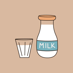 cute hand drawn cartoon milk bottle with glass vector illustration