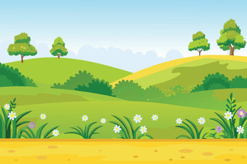Naklejka premium A vibrant landscape depicts rolling green hills fluffy clouds and blossoming wildflowers high quality