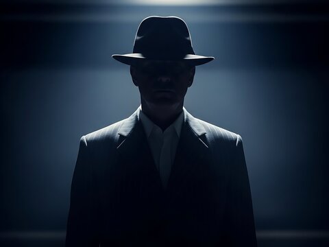 Mysterious Silhouette of a Man in a Fedora Hat and Suit. Generative Ai