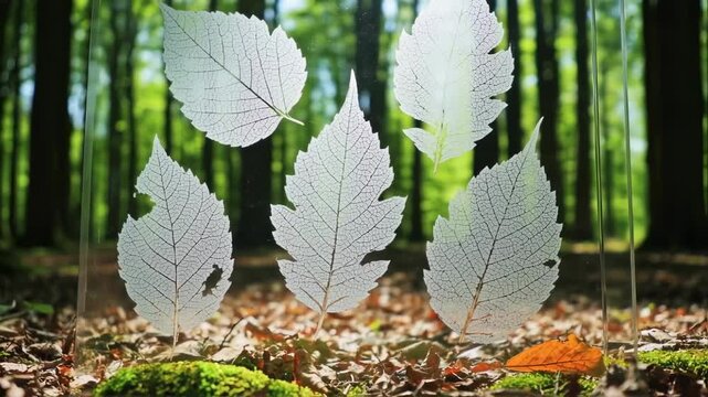 Delicate leaf skeletons captured against a serene woodland backdrop