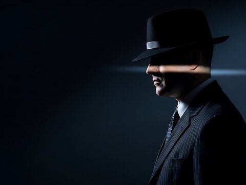 Side Profile of a Man in a Vintage Fedora and Pinstripe Suit. Generative Ai