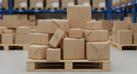 A warehouse full of cardboard boxes stacked on a wooden pallet, ready for shipment