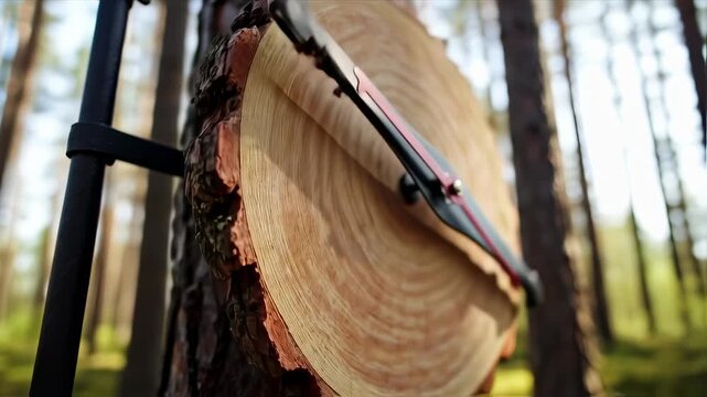 Archery practice in a serene woodland setting with a bow hitting the target