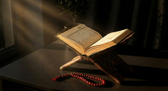 An open Al- Quran on a stand with prayer beads beside it on a table illuminated by a beam of light from a window for Ramadhan