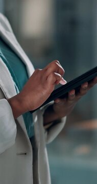 Creative, employee and hands will tablet, office and journalist with article, scroll and info on web. Newsroom, reporter and person with technology, typing and deadline for story publication at night