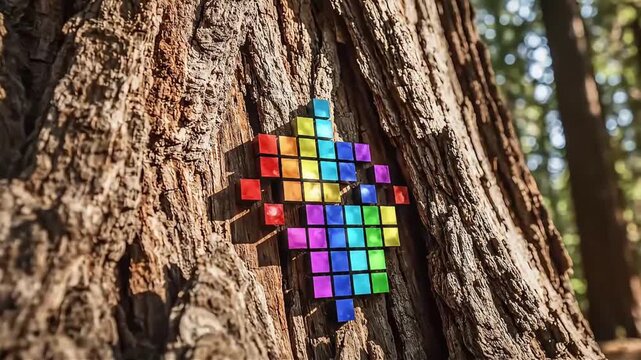 Colorful pixel art mosaic embedded in a giant redwood tree trunk symbolizing technology s intersection with nature and sustainable innovation in a lush forest setting
