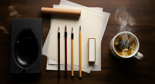 Traditional Chinese Calligraphy Tools, Ink Stone, Brushes, Paper