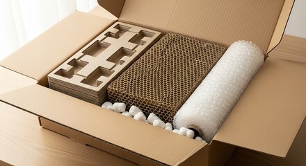 Open cardboard box revealing a variety of protective packaging bubble wrap, foam peanuts, and corrugated inserts for secure transit