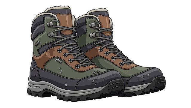 Pair of hiking boots with laces and rugged soles standing ready for adventure on a trekking path