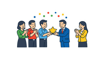 Fototapeta premium Group of people celebrating an achievement in an office setting with one person receiving a star award from another during a recognition event