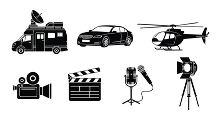 Black silhouettes of media equipment vehicles and a helicopter © MdNirob