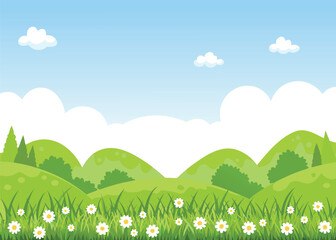 Naklejka premium A bright cartoon landscape displays green hills fluffy clouds and a blue sky