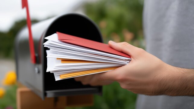 Person holding stack of letters near black mailbox in garden  