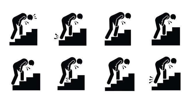 Progressive stages of a person bending over while ascending stairs