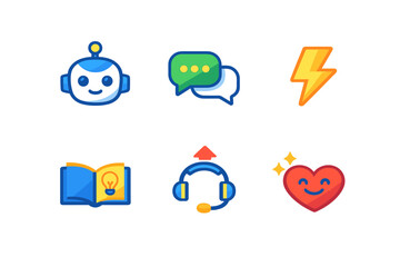 Collection of colorful icons showing a chatbot, speech bubbles, lightning bolt, open book, headset, and heart symbol