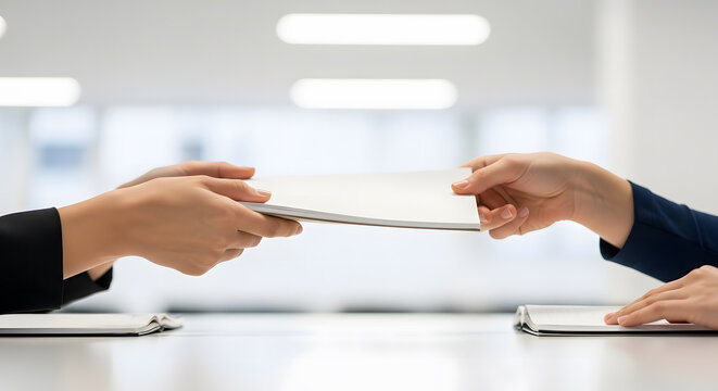 Two business professionals exchanging documents or papers across