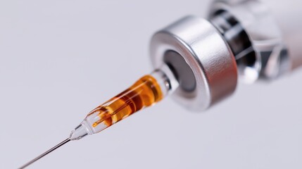 Close-up of vaccine syringe filled with amber liquid and needle  