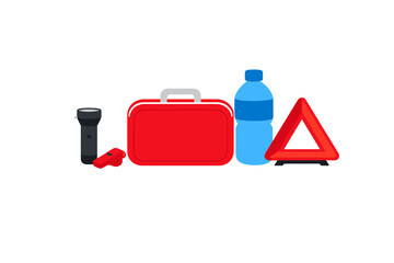 Need for emergency kit with flashlight, water, first aid, and warning triangle for travel safety in any situation