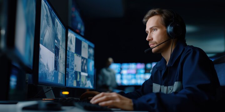 Man monitoring security footage with headset at control center  