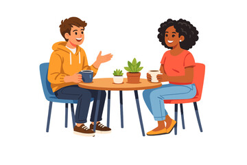 Friends enjoy drinks and talk at a small table with plants in a casual setting during the day