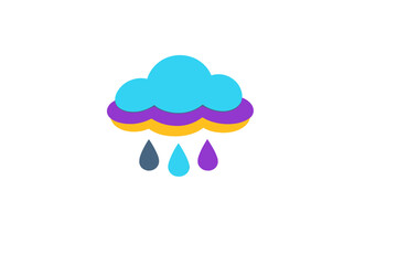 Colorful cloud with rain droplets displayed on a white background showing weather theme in a simple design for educational or decorative purpose